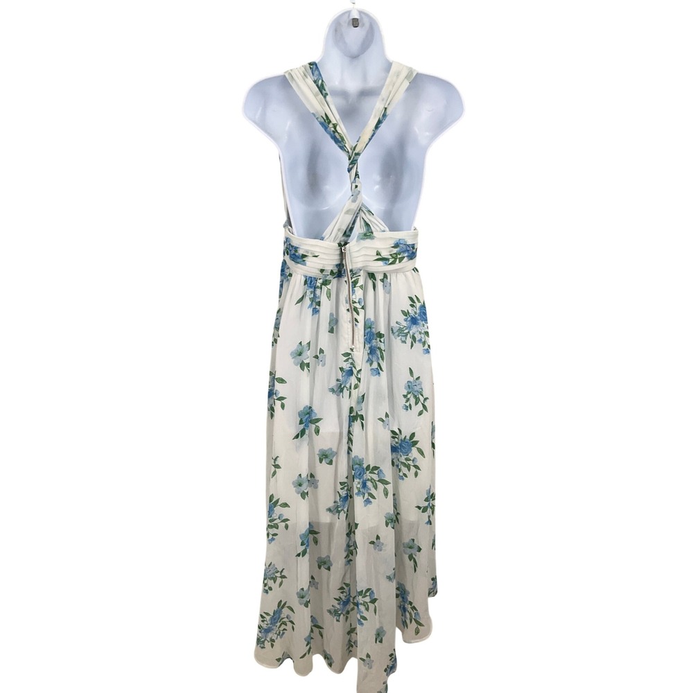 Disney Princess High Low Dress Women M White Chiffon Blue Floral V-Neck Gown - Picture 2 of 7